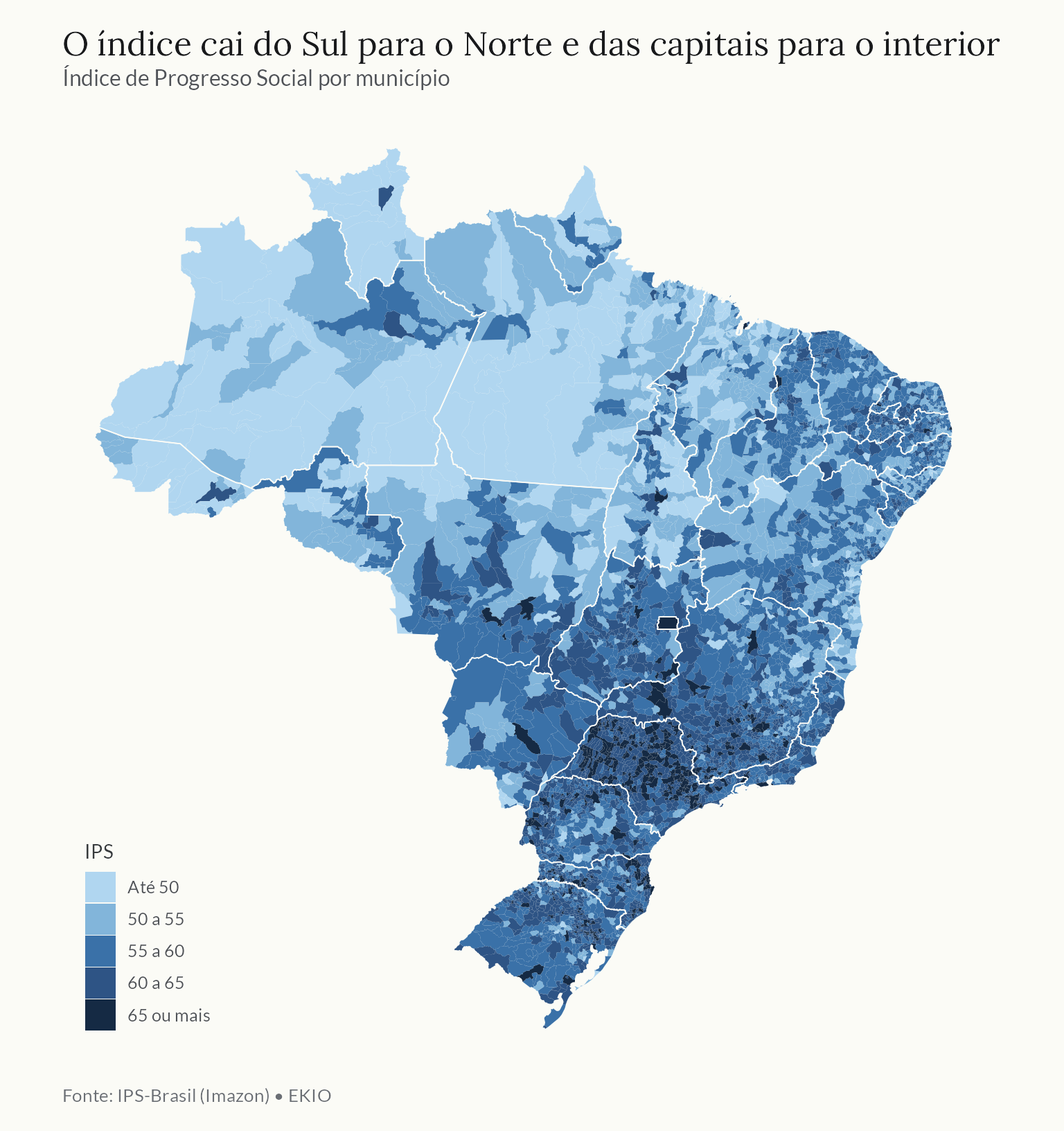 Mapa dos municípios brasileiros coloridos pelo Índice de Progresso Social, em cinco faixas de azul. Os tons mais escuros, de índice mais alto, predominam no Sul, em São Paulo, no Triângulo Mineiro e em Goiás. Os tons mais claros se concentram no Norte, sobretudo no Pará, no Amazonas e em Roraima, e em partes do Maranhão e da Bahia. As capitais do Norte aparecem mais escuras que os municípios vizinhos.