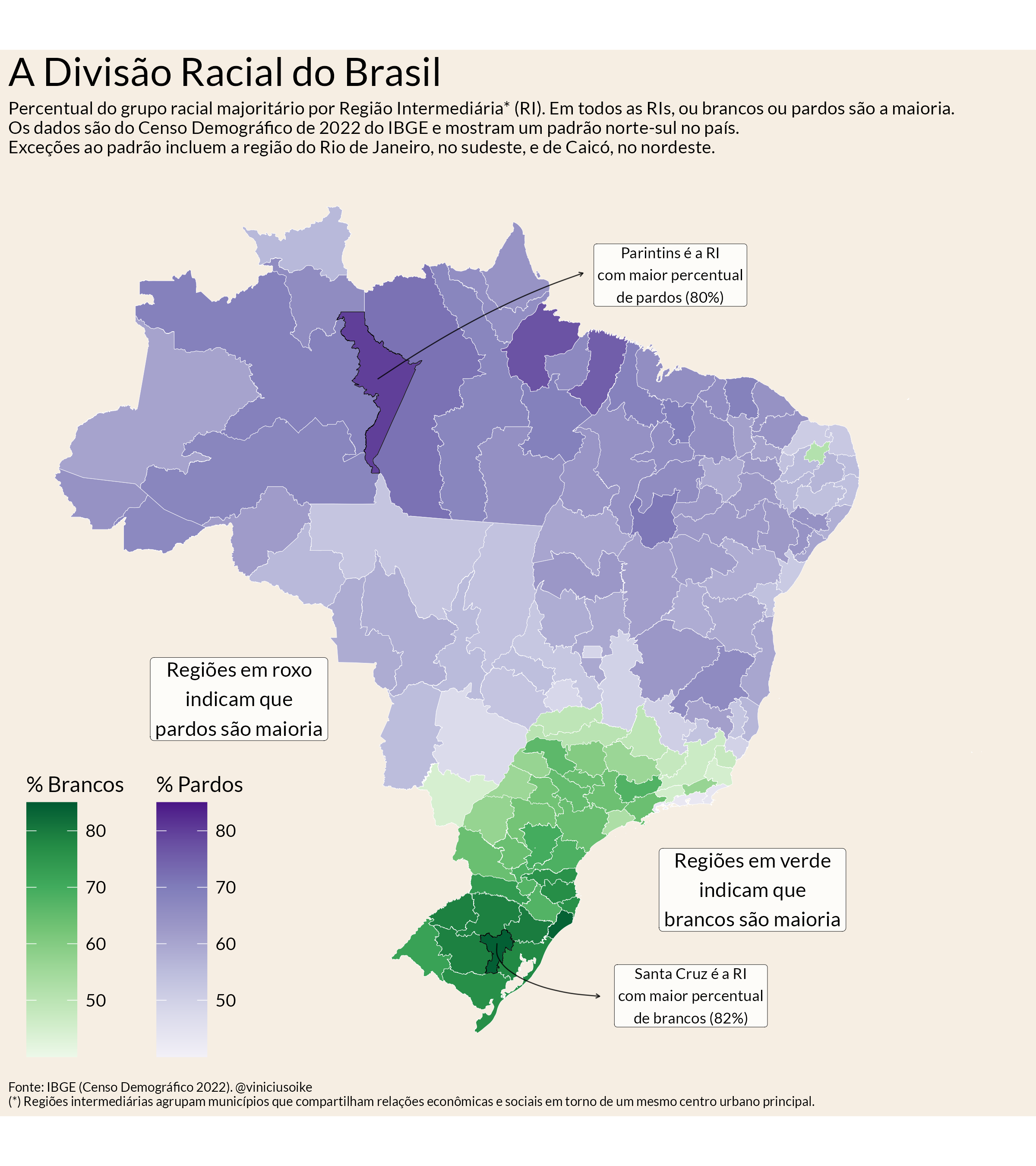 Mapa do Brasil por região geográfica intermediária. Tons de roxo indicam regiões em que pessoas pardas formam o maior grupo racial; tons de verde indicam regiões em que pessoas brancas formam o maior grupo. O roxo predomina no Norte, no Nordeste e no Centro-Oeste, enquanto o verde se concentra no Sul e em parte do Sudeste.
