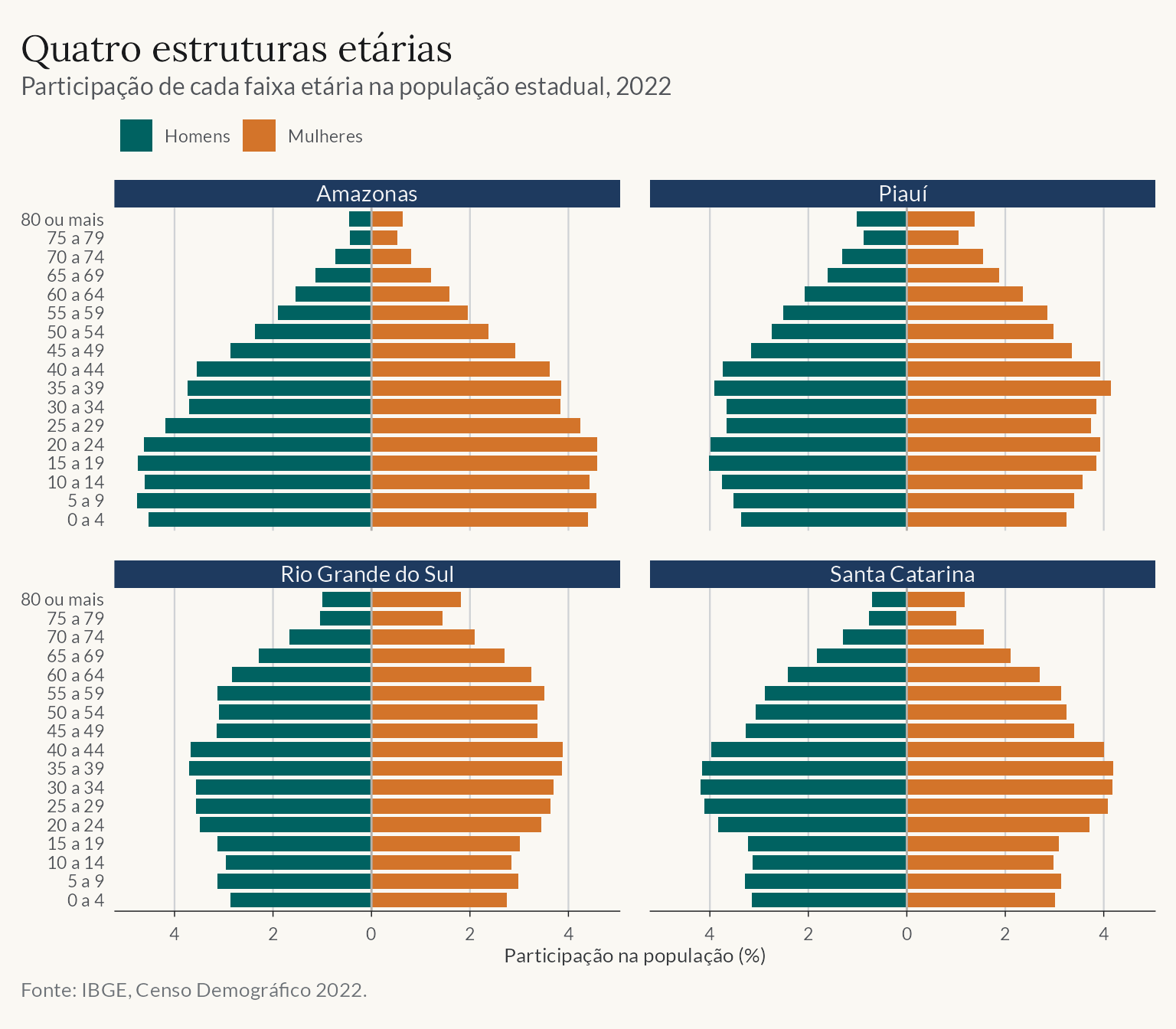 Pirâmides etárias de Amazonas, Piauí, Santa Catarina e Rio Grande do Sul. Amazonas tem base mais larga e o Rio Grande do Sul concentra mais população nas faixas de maior idade.