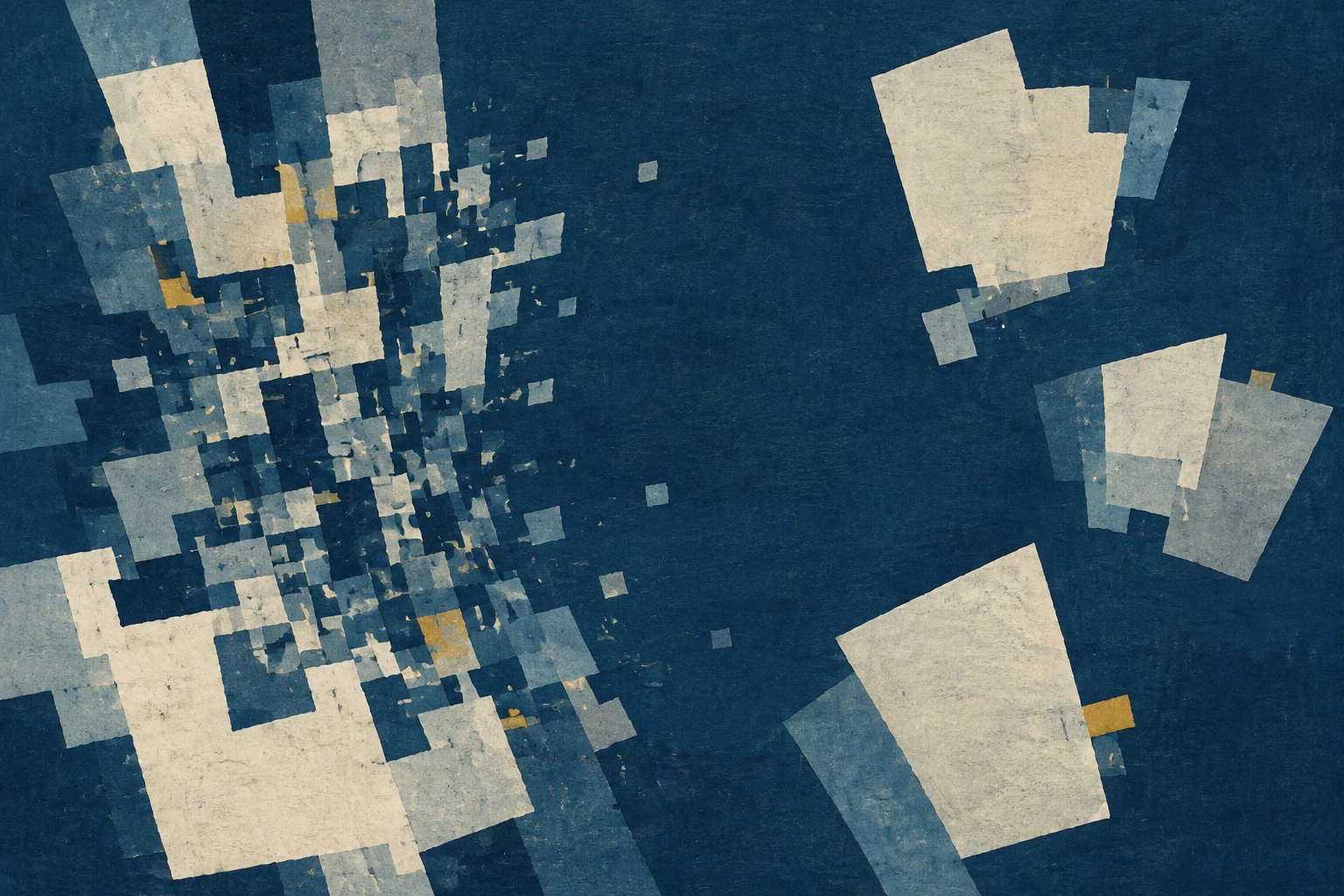 Composição abstrata de núcleos urbanos em azul e tons de papel, com blocos que se dispersam pelo território