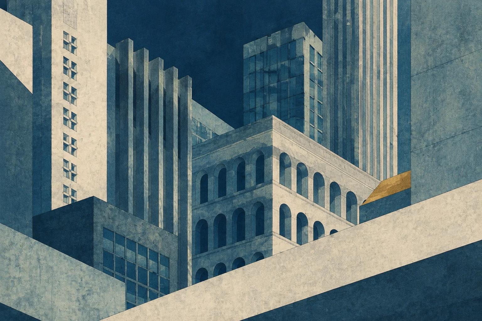 Ilustração de edifícios de alturas variadas com janelas em grade