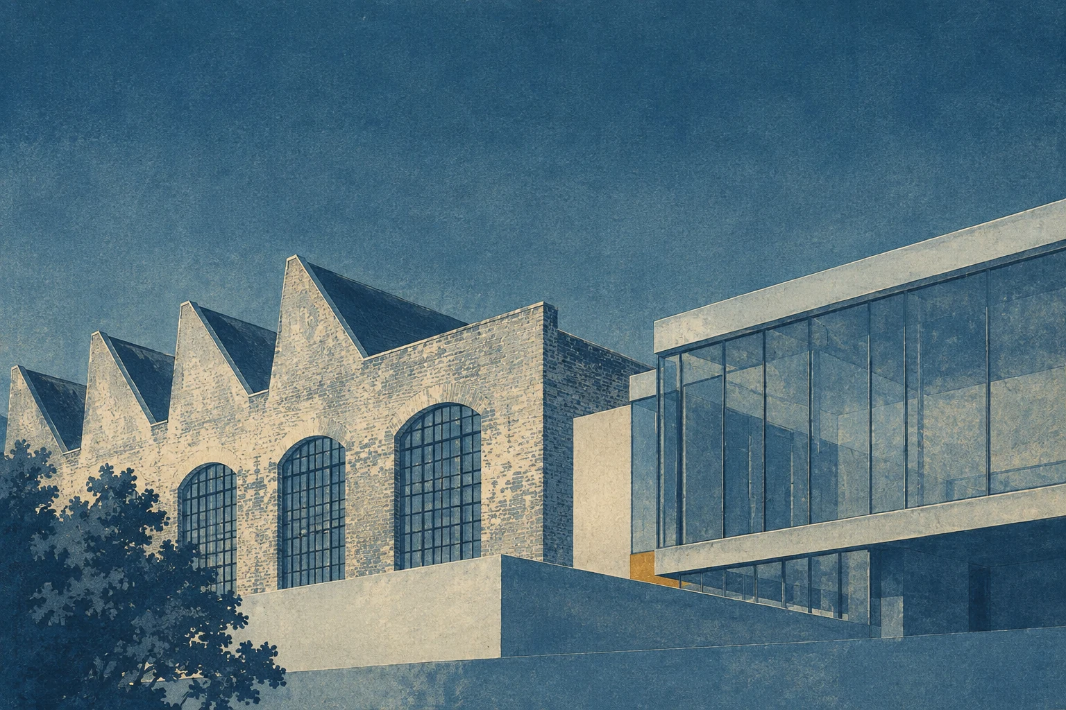 Galpão industrial de tijolos com telhado em shed ao lado de um edifício novo de vidro e concreto, em azul e linho, com textura de xilogravura.