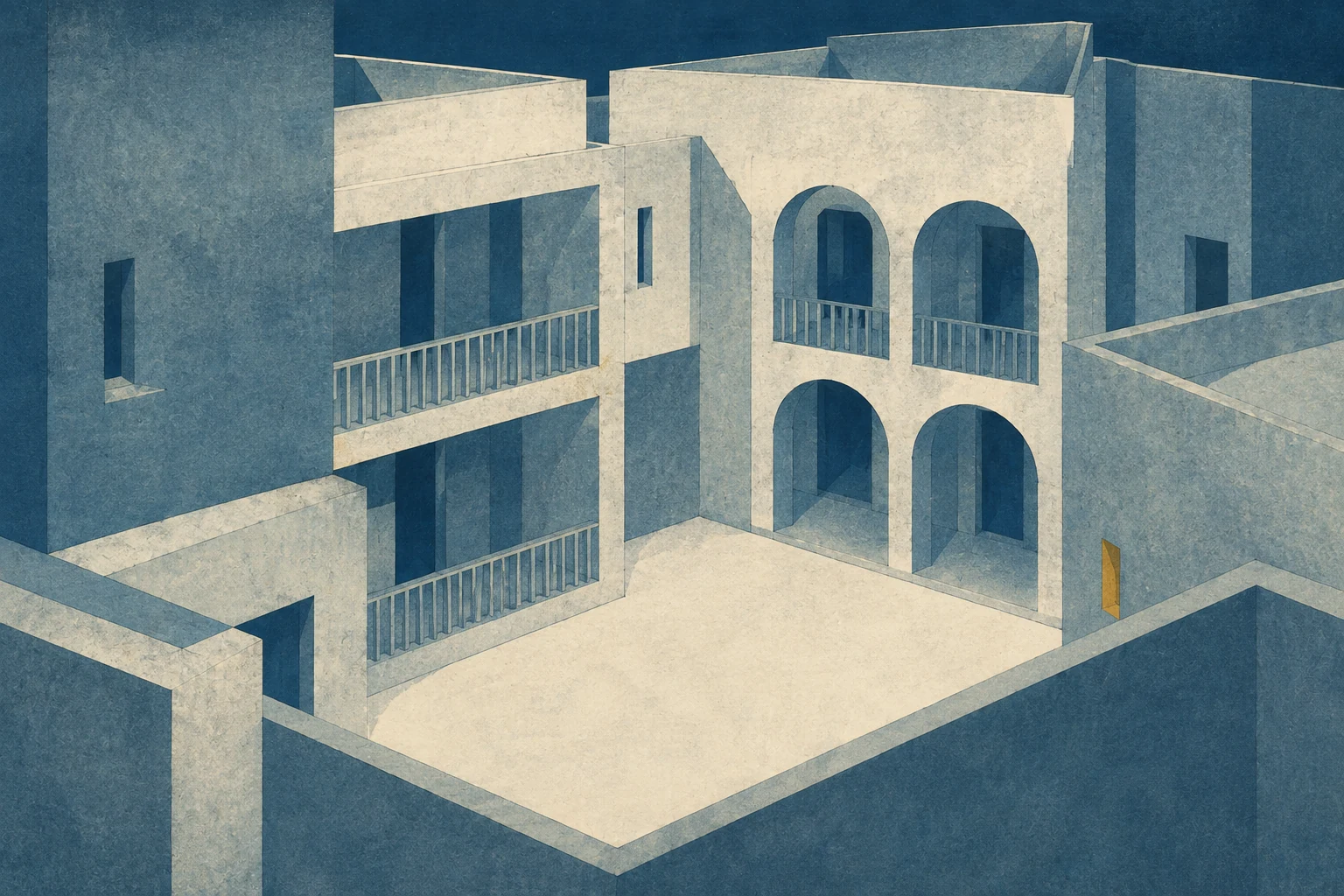 Ilustração de edifícios residenciais em torno de um pátio interno