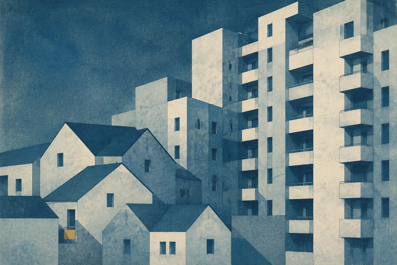 Ilustração que contrasta casas baixas com edifícios de apartamentos
