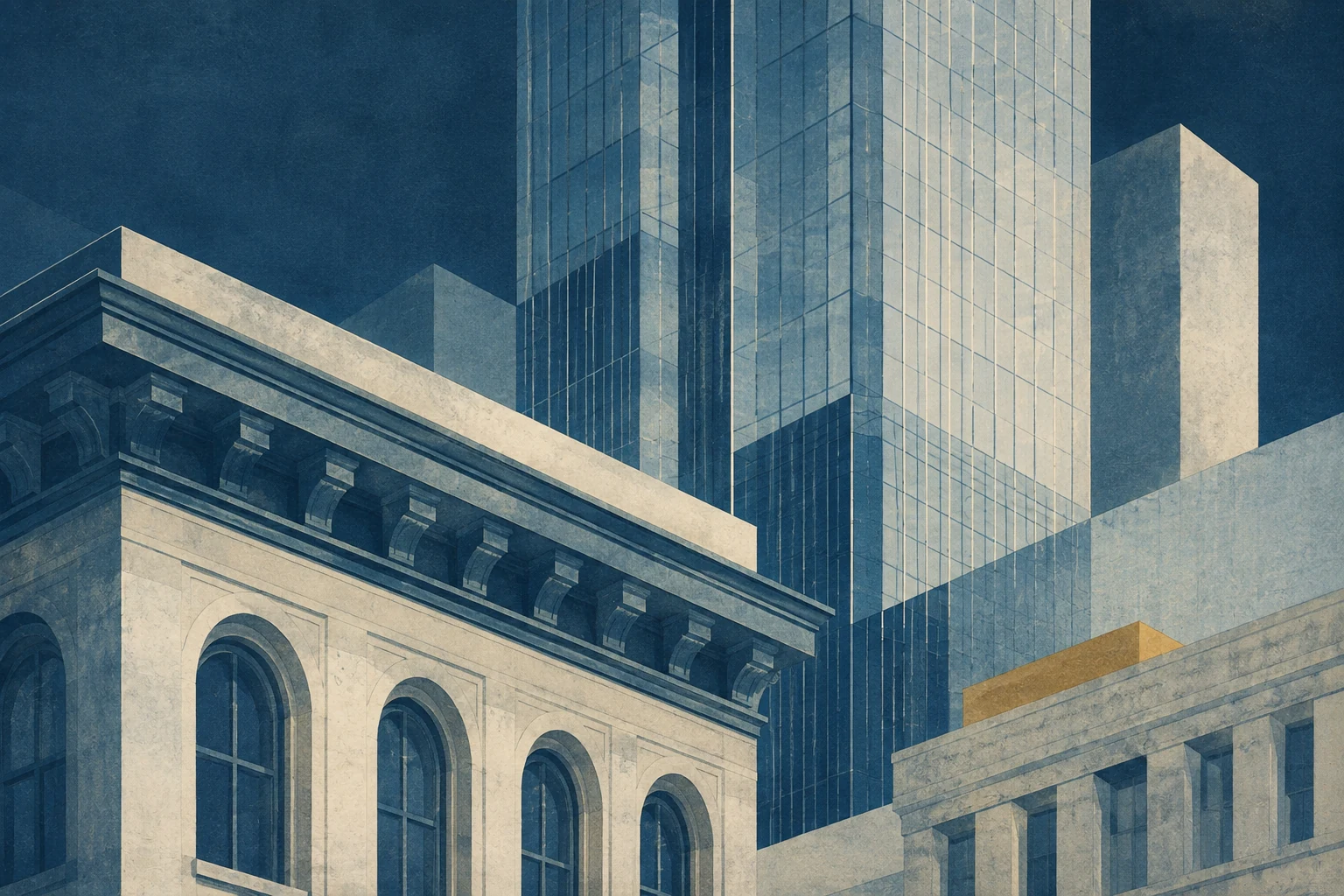 Ilustração de arquitetura histórica em contraste com arranha-céus
