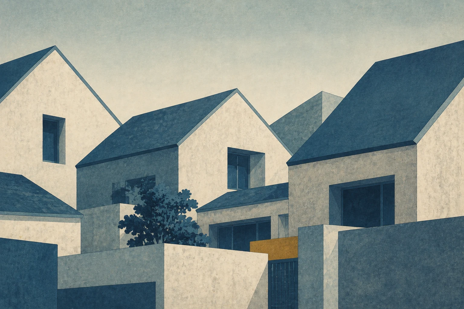 Ilustração de casas residenciais em planos geométricos azuis e claros