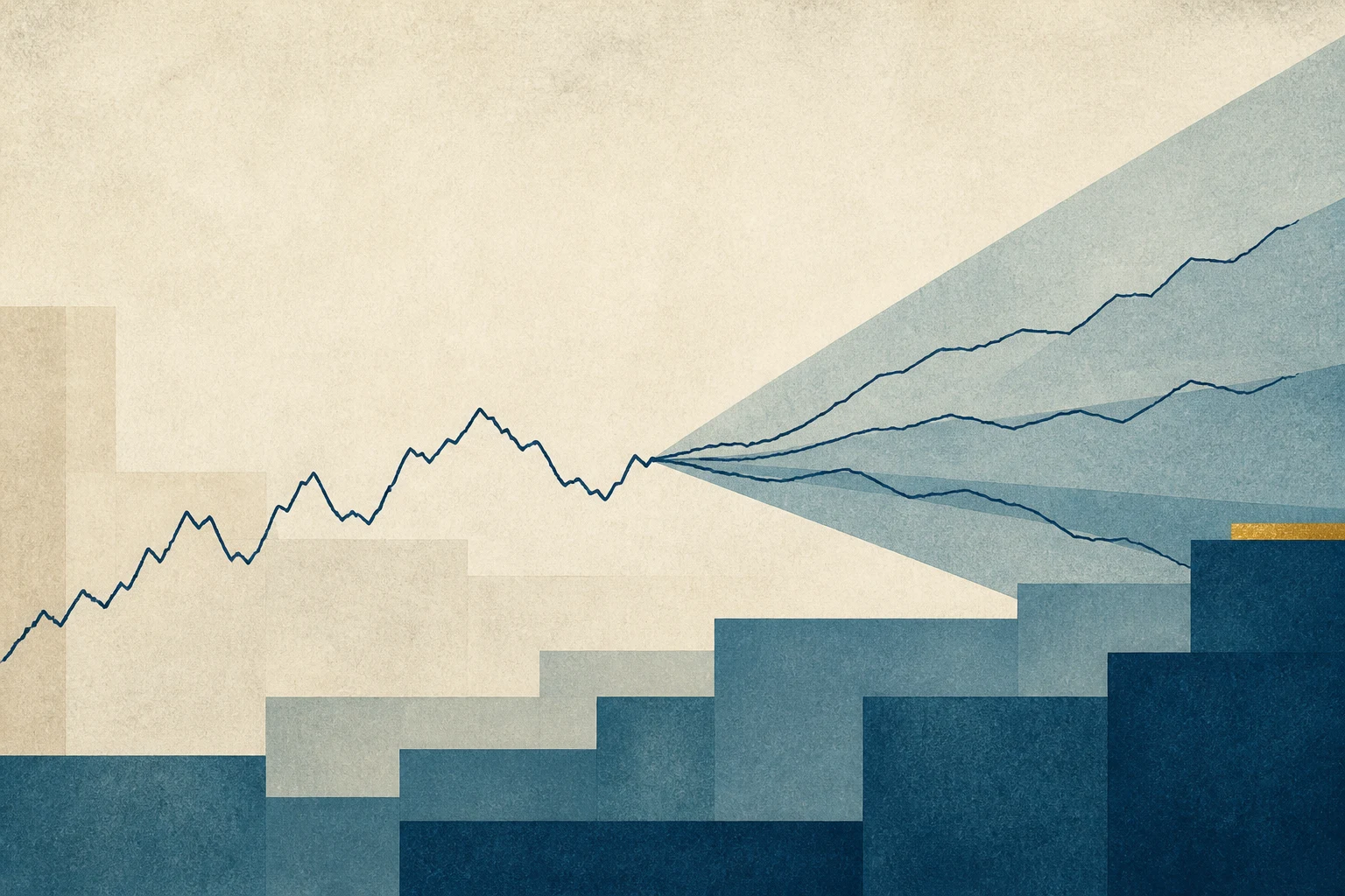 Ilustração conceitual de uma série que se abre em três cenários, sobre planos geométricos em azul e linho.