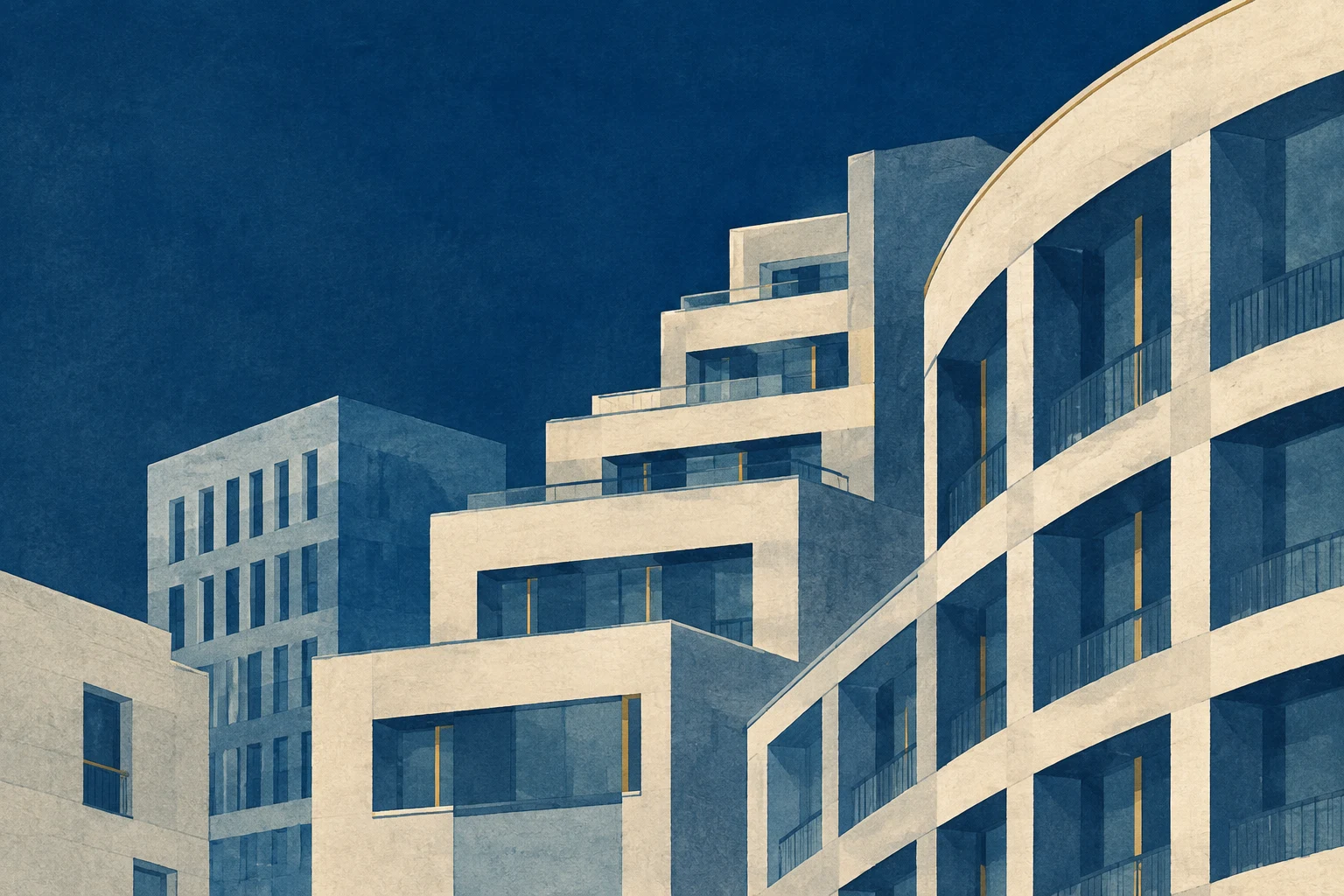 Edifícios residenciais com fachadas curvas e volumes escalonados em azul e linho, com textura de xilogravura.